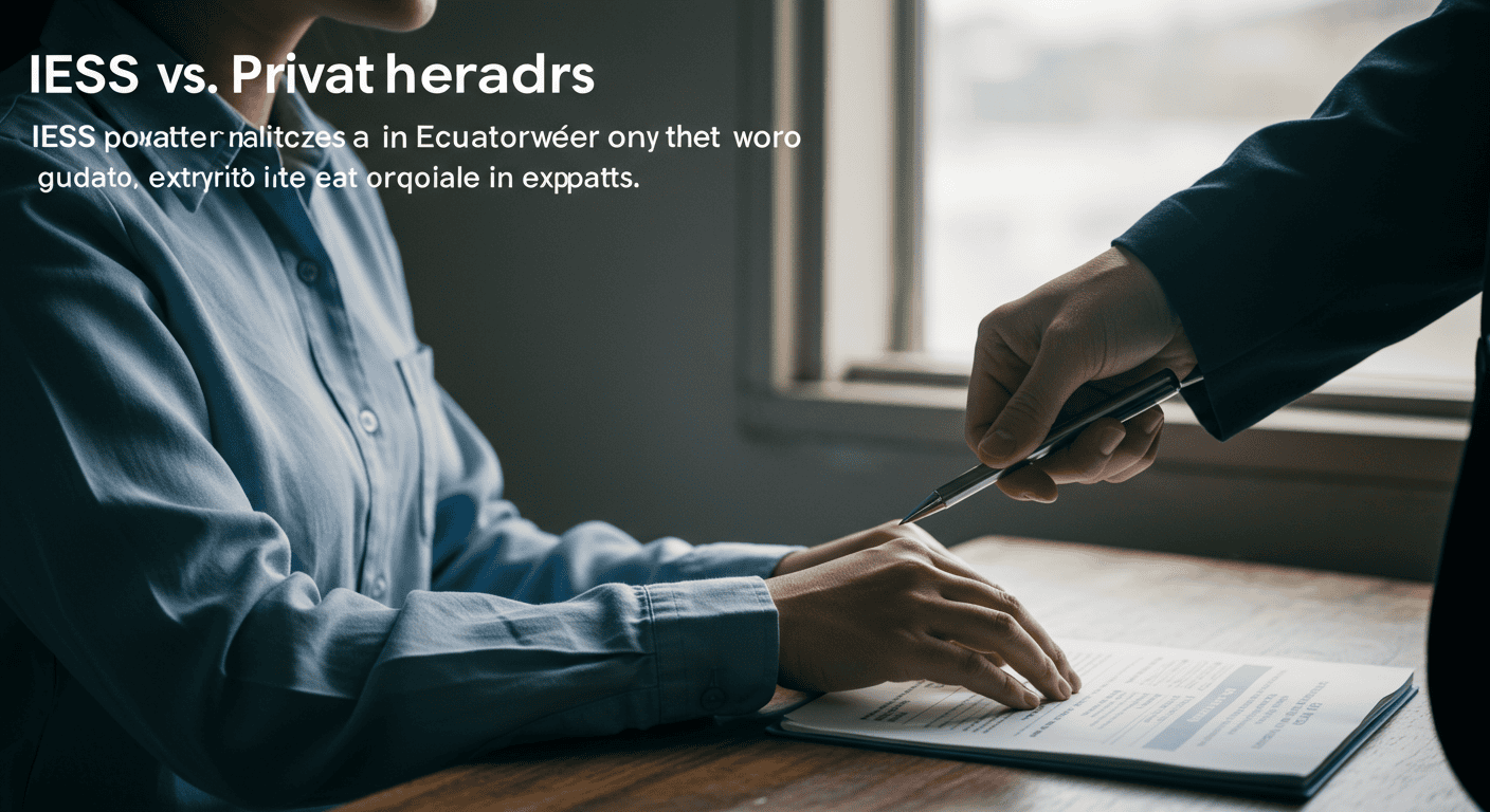 Infographic comparing IESS and private healthcare options in Ecuador for expats