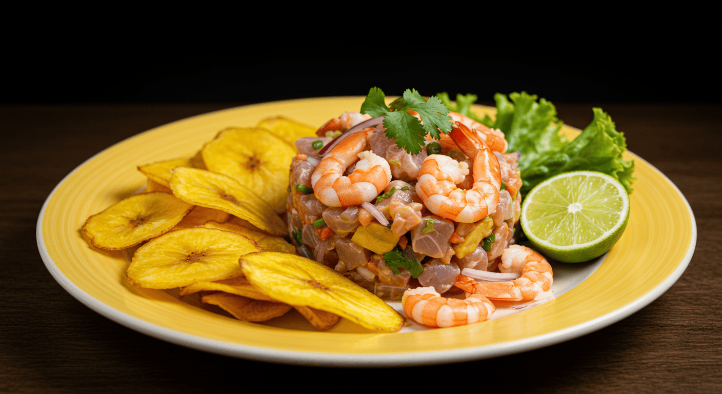 A colorful plate of Manta's famous shrimp ceviche served with plantain chips and a lime wedge.