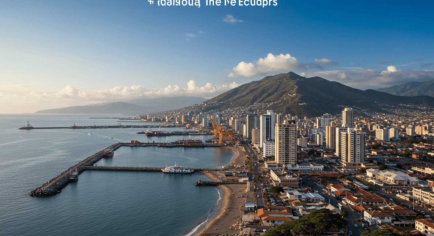 Panoramic view of Manta, Ecuador's coastline with its bustling port and city skyline under a clear blue sky.