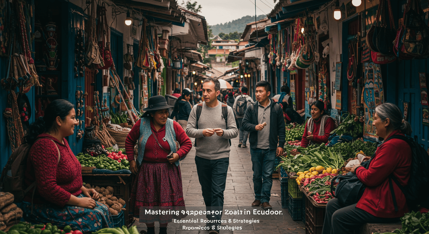 Expats engaging with locals in a vibrant Ecuadorian market, highlighting the importance of learning Spanish.