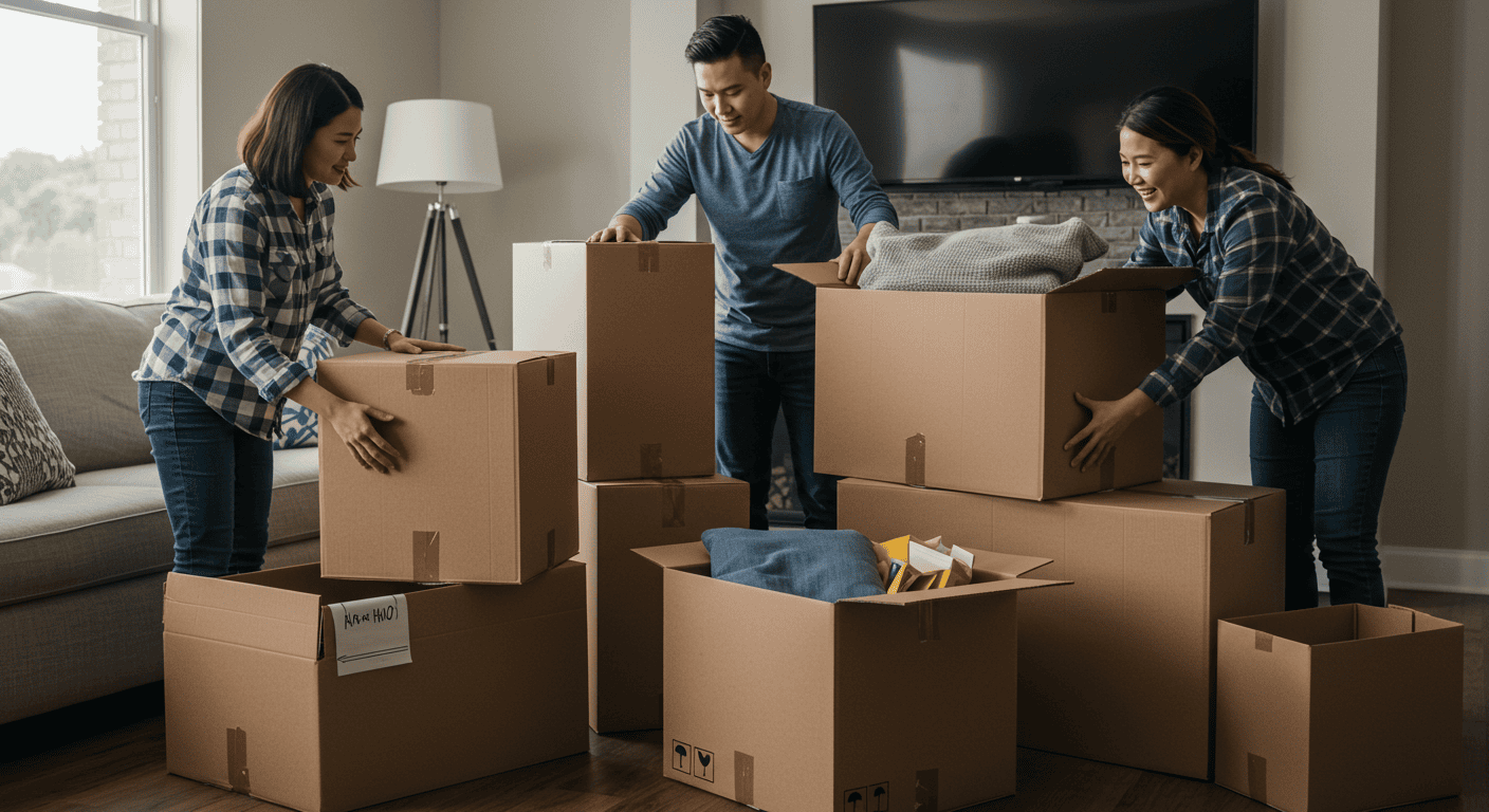 Expats carefully packing boxes for international household move to Ecuador