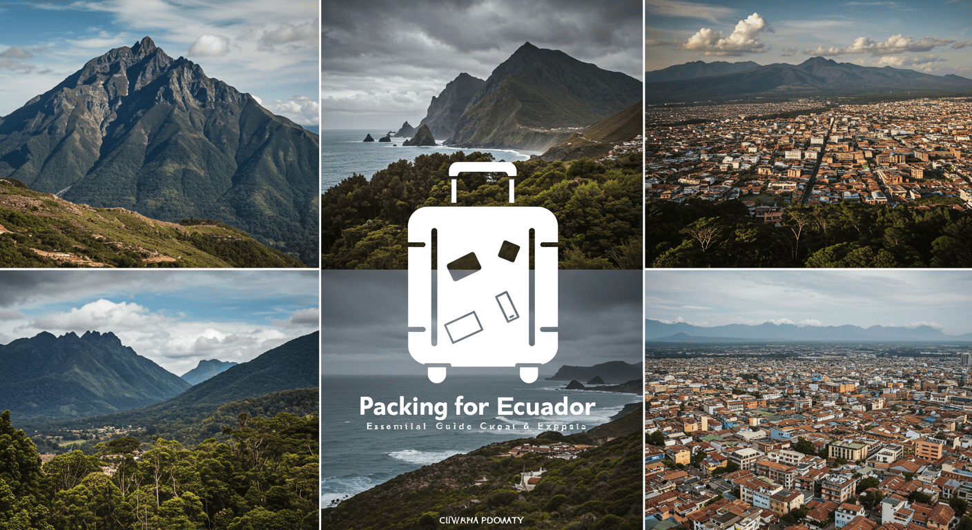A collage showing different aspects of Ecuador: mountains, coast, rainforest, and city life, with a suitcase icon superimposed.