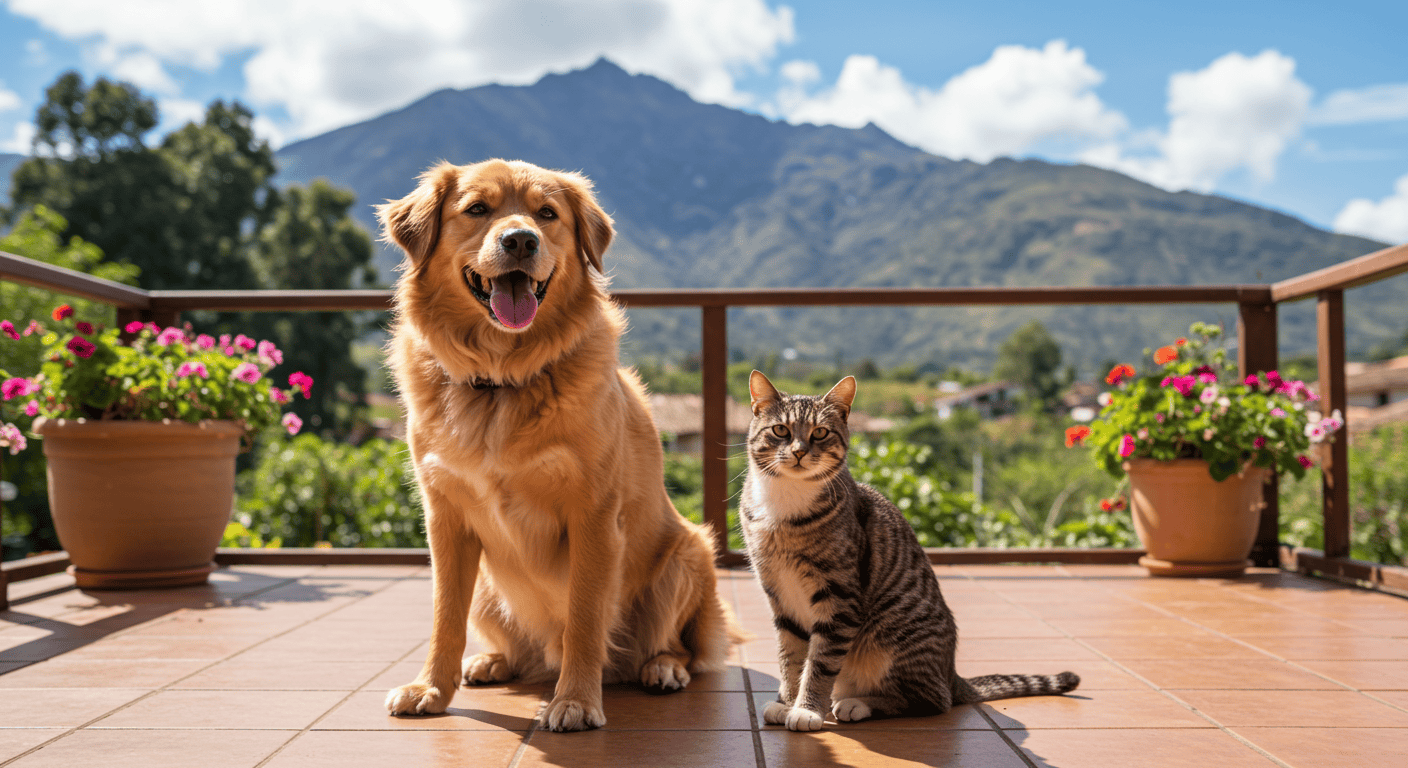 A happy dog and cat sit together on a sunny patio, with the Andes mountains visible in the background, symbolizing a pet's new life in Ecuador.