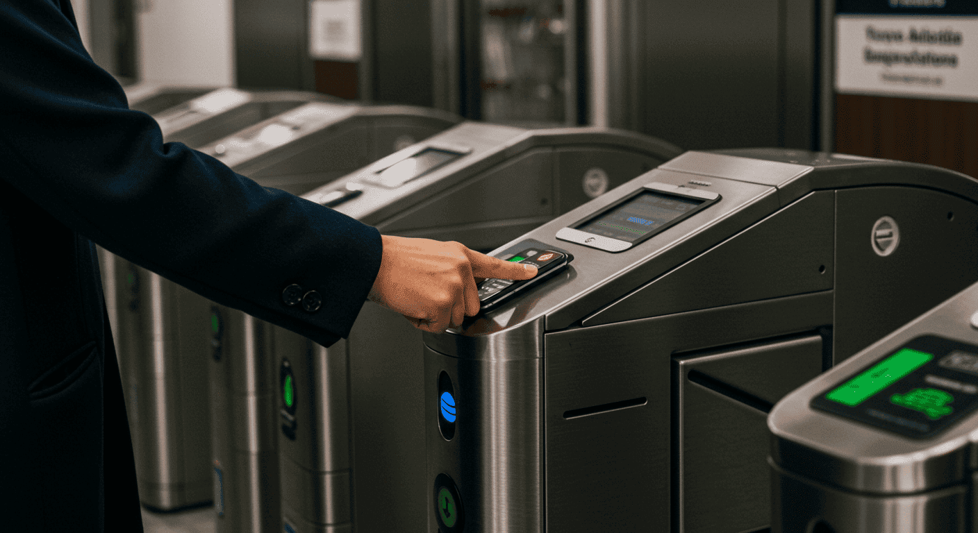 A person using a Tarjeta Ciudad to tap into a Quito Metro station turnstile.