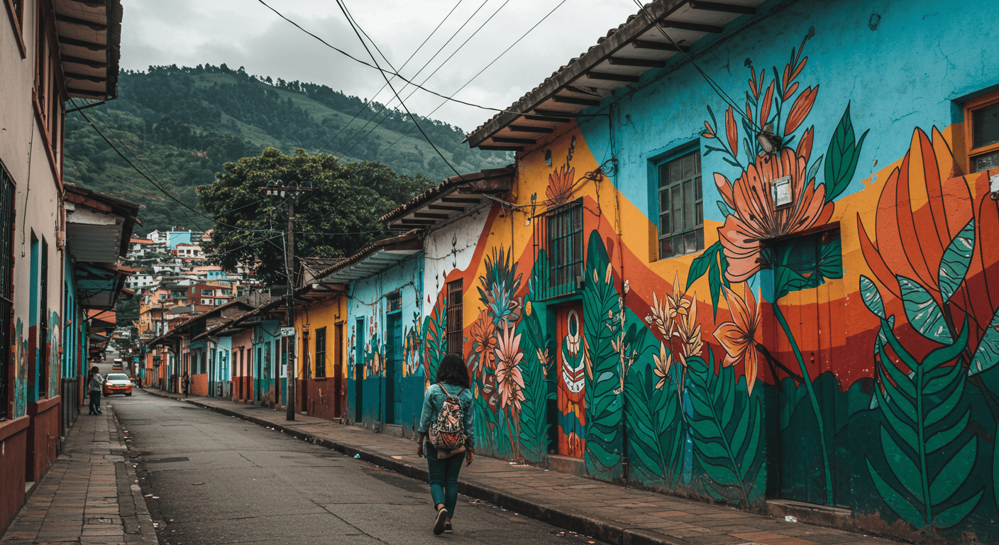 A colorful street art mural in Quito's bohemian La Floresta neighborhood, symbolizing hidden cultural gems for expats.