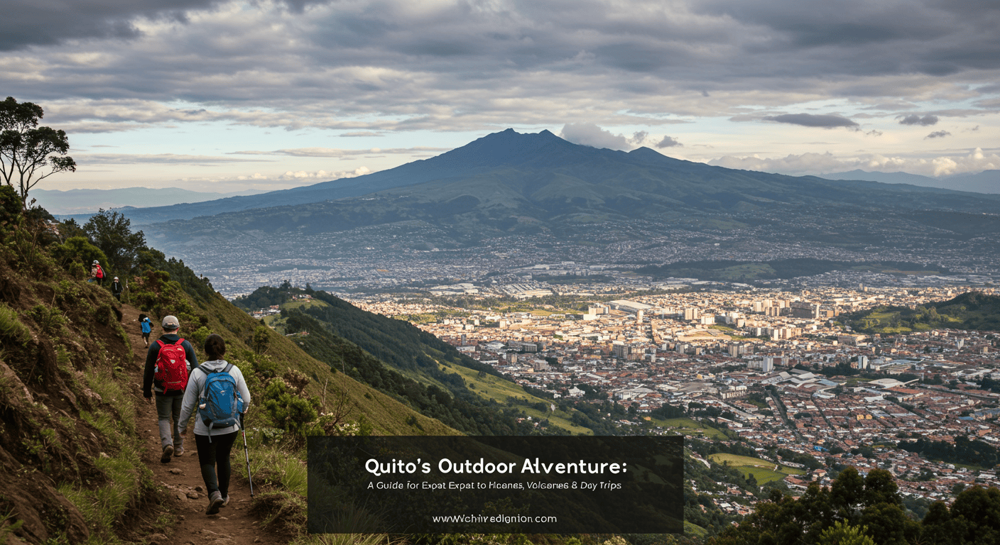 Expats hiking on a mountain trail with a panoramic view of Quito and the Andes mountains in the background