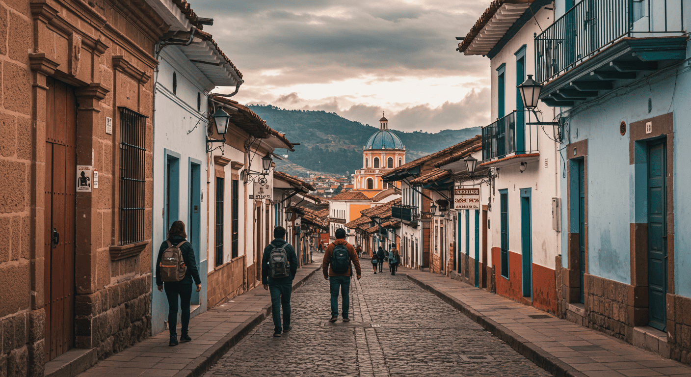 Expats exploring a charming street in Cuenca, Ecuador, with colonial architecture.