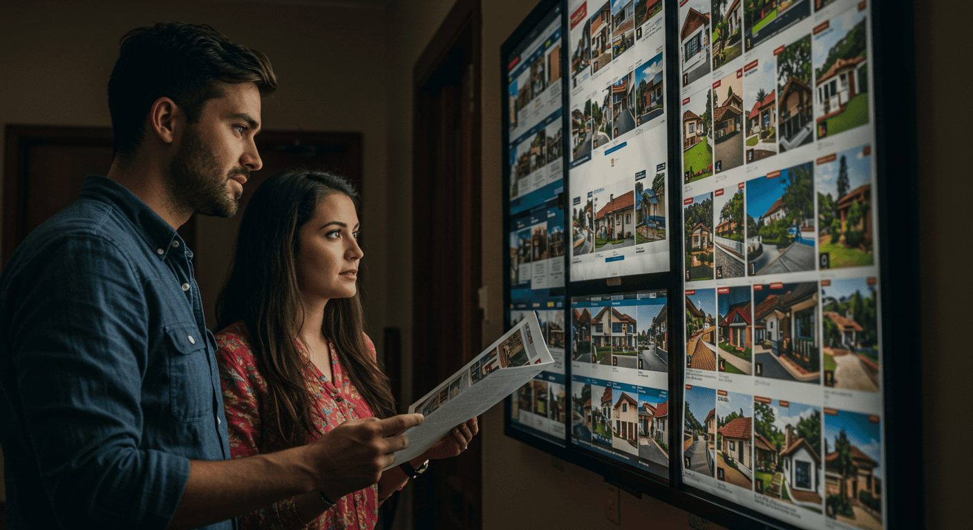 Expat couple looking at property listings in Ecuador