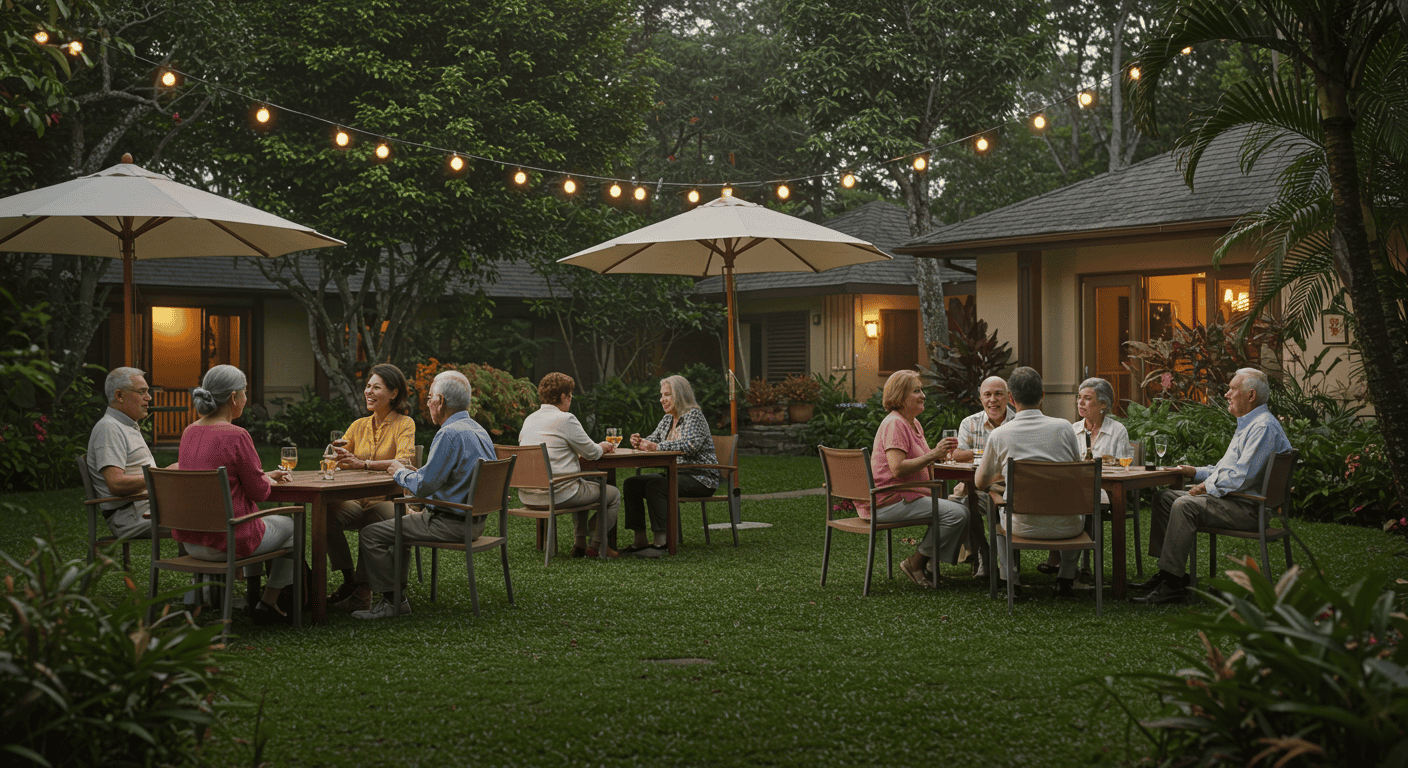 Expats enjoying a social gathering in a lush garden setting at a retirement community in Ecuador.