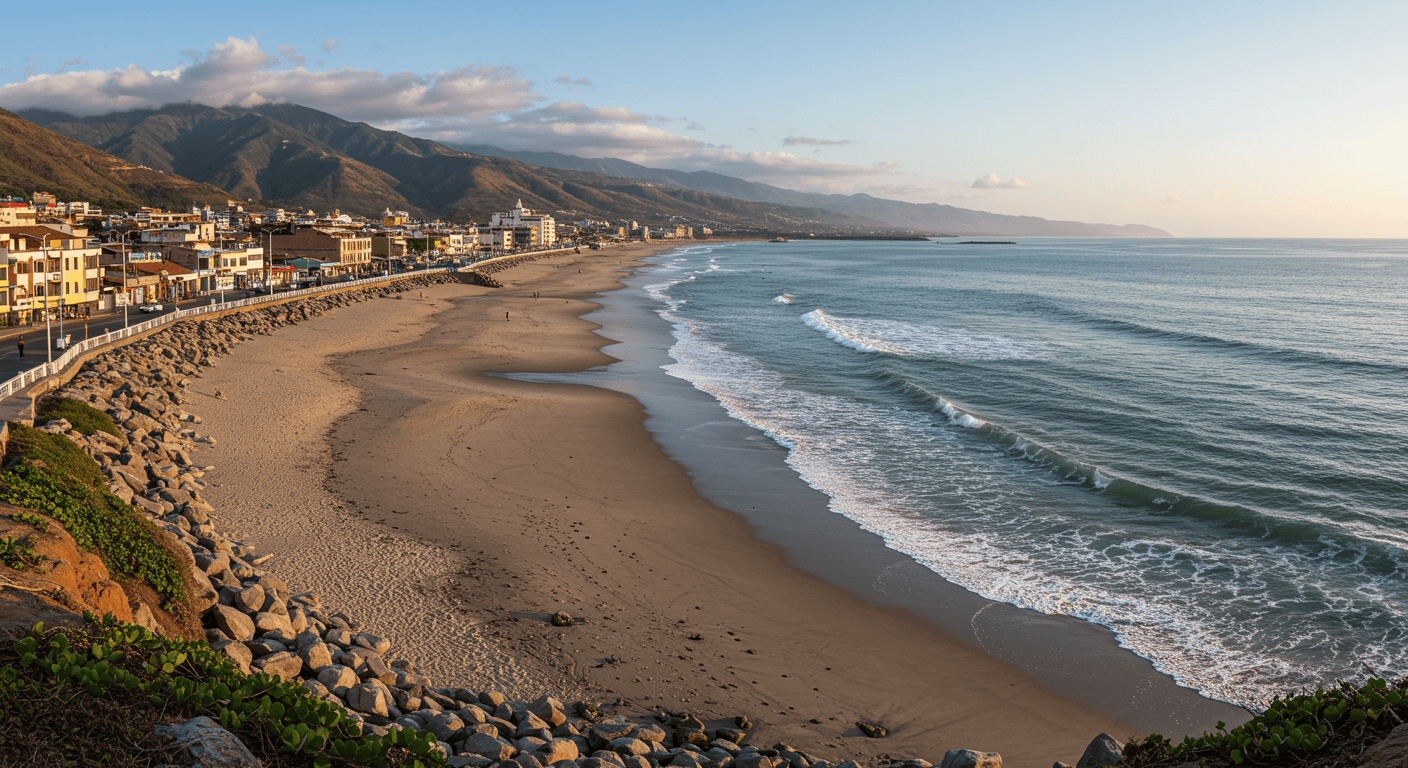 Panoramic view of Salinas, Ecuador's Malecón with sandy beaches and the ocean under a clear sky.
