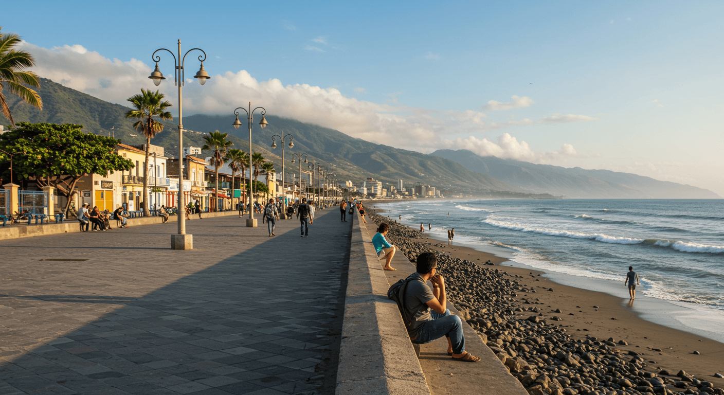 Expats enjoying a sunny day on the Malecón in Salinas, Ecuador, with the ocean and beach in the background.