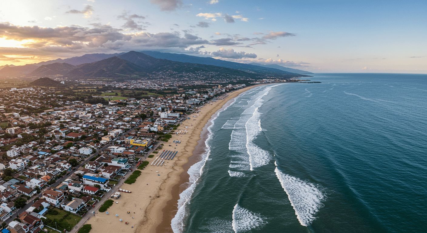 Aerial view of Salinas and Manta beaches, highlighting differences for expat comparison.