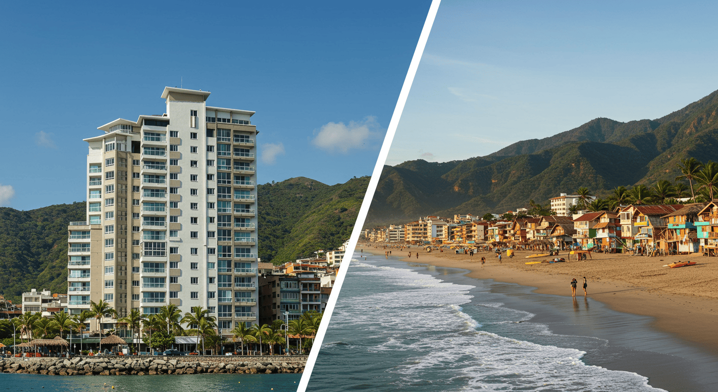 Split image showing the modern high-rises of Salinas beach resort on one side and the bohemian surf shacks and beach scene of Montañita on the other.
