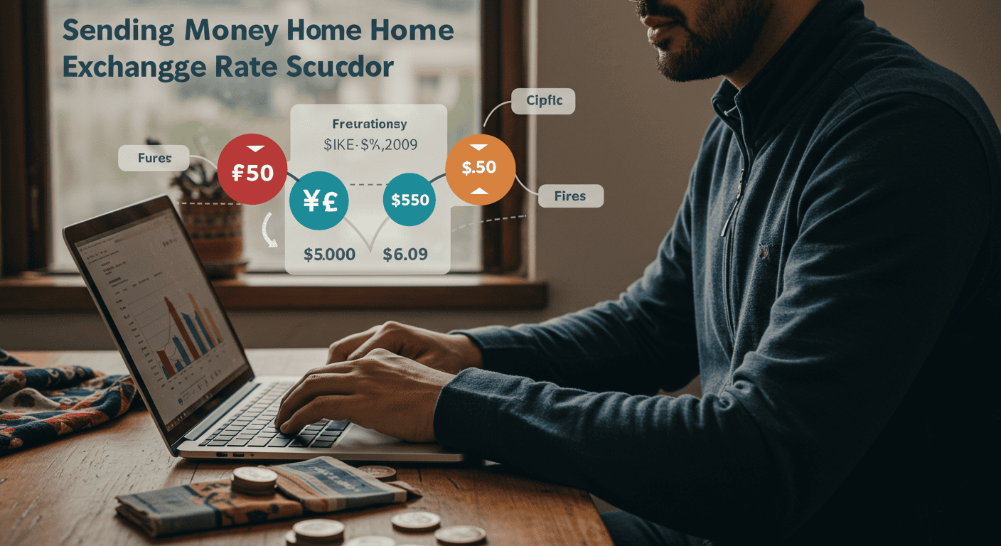 Man using a laptop in Ecuador to send money internationally, with graphics illustrating currency exchange and fees.