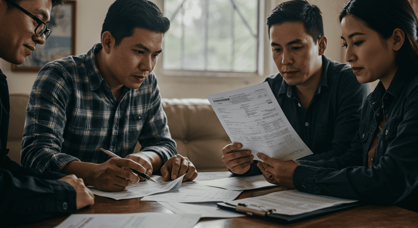 Expats reviewing documents and utility bills in Ecuador.