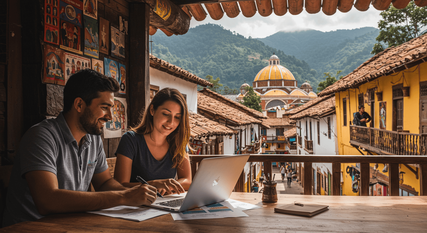 Expat couple planning their business in a vibrant Ecuadorian setting