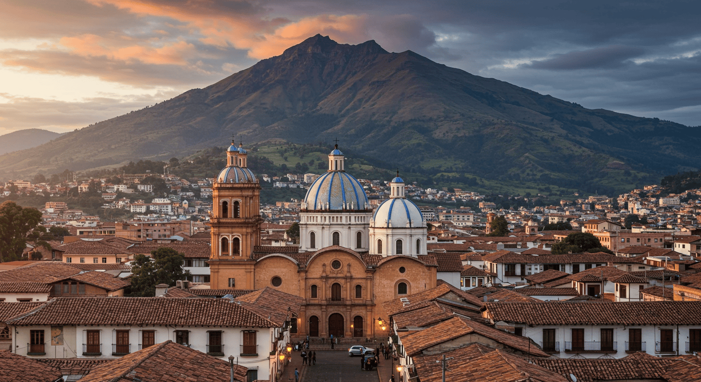 Scenic view of Cuenca, Ecuador, highlighting its colonial architecture and Andean mountain backdrop.