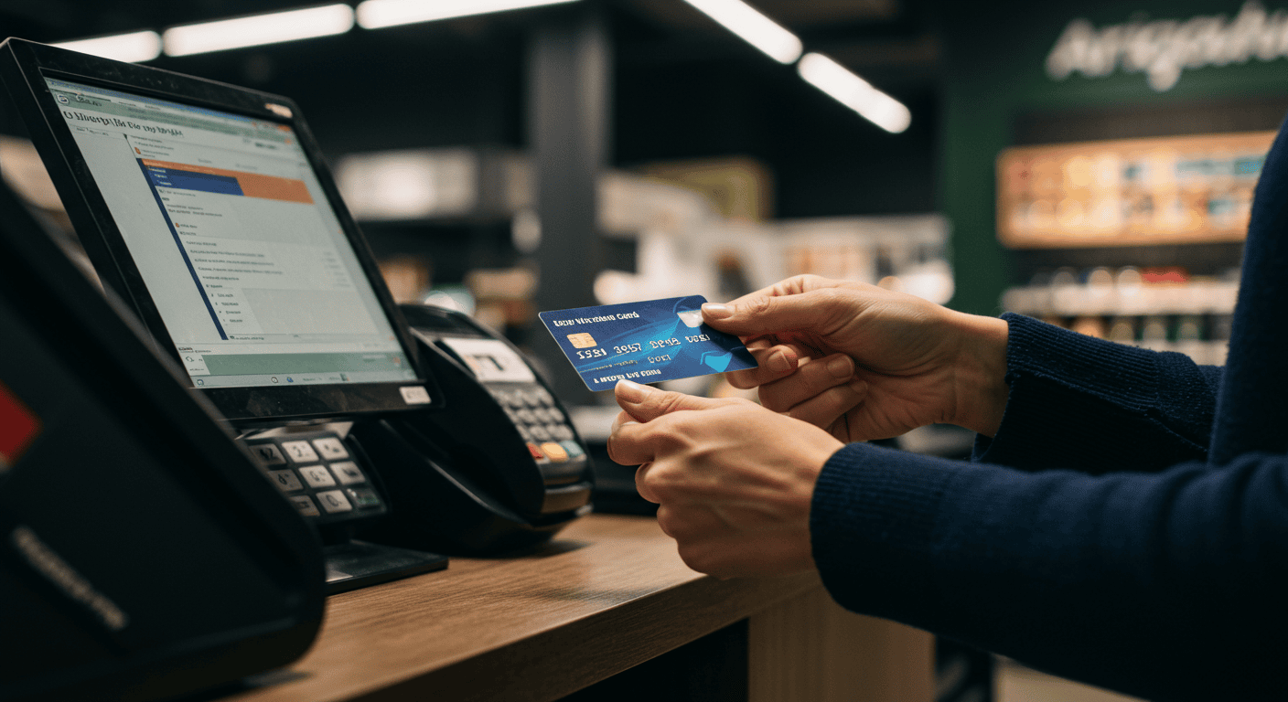 A person using a credit card at a checkout counter in a modern store in Ecuador.