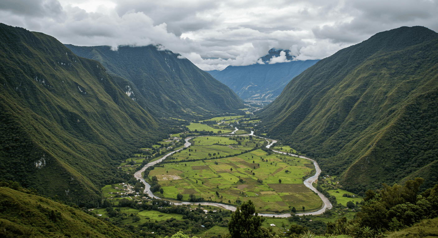 Panoramic view of Vilcabamba valley in Ecuador, showcasing lush green mountains and a winding river.