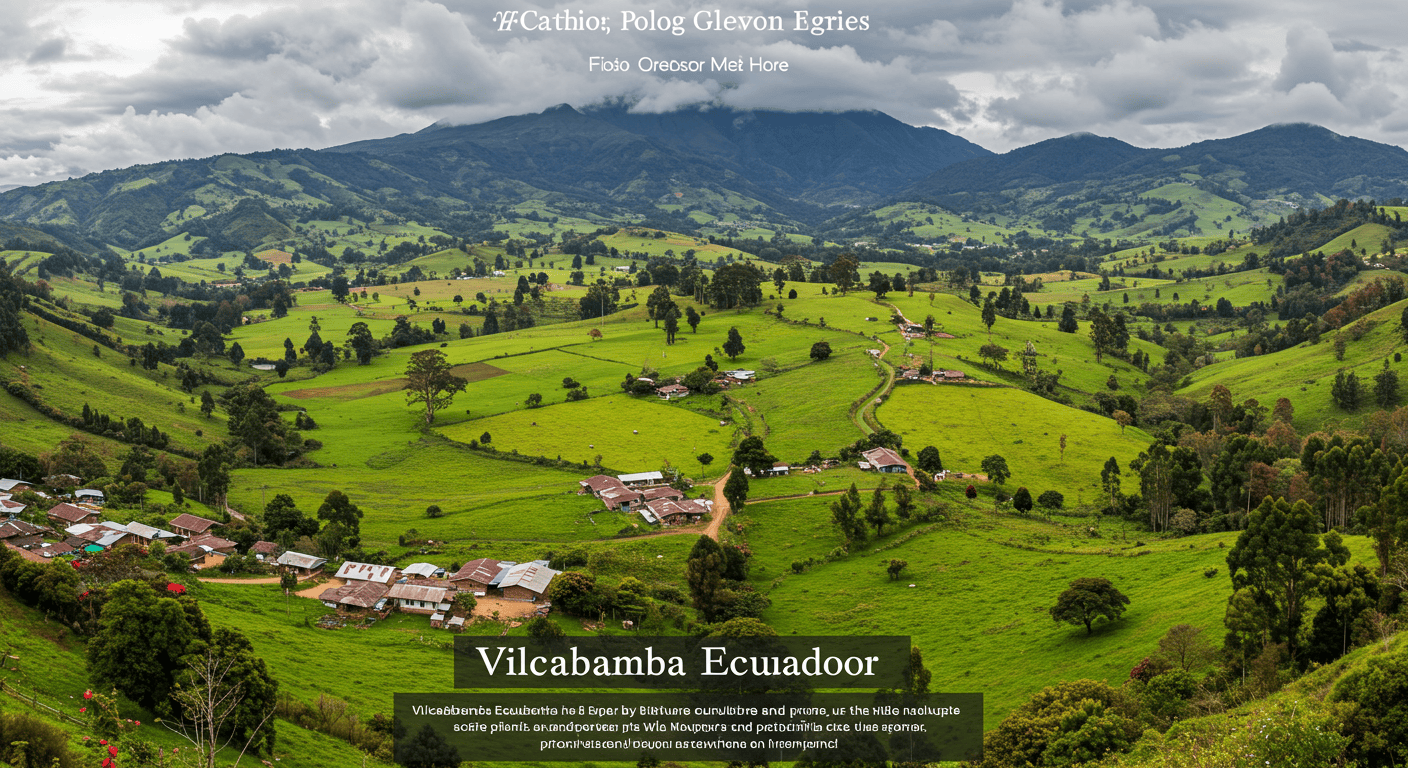 Panoramic view of the lush green valley of Vilcabamba, Ecuador, with distant mountains and scattered houses.
