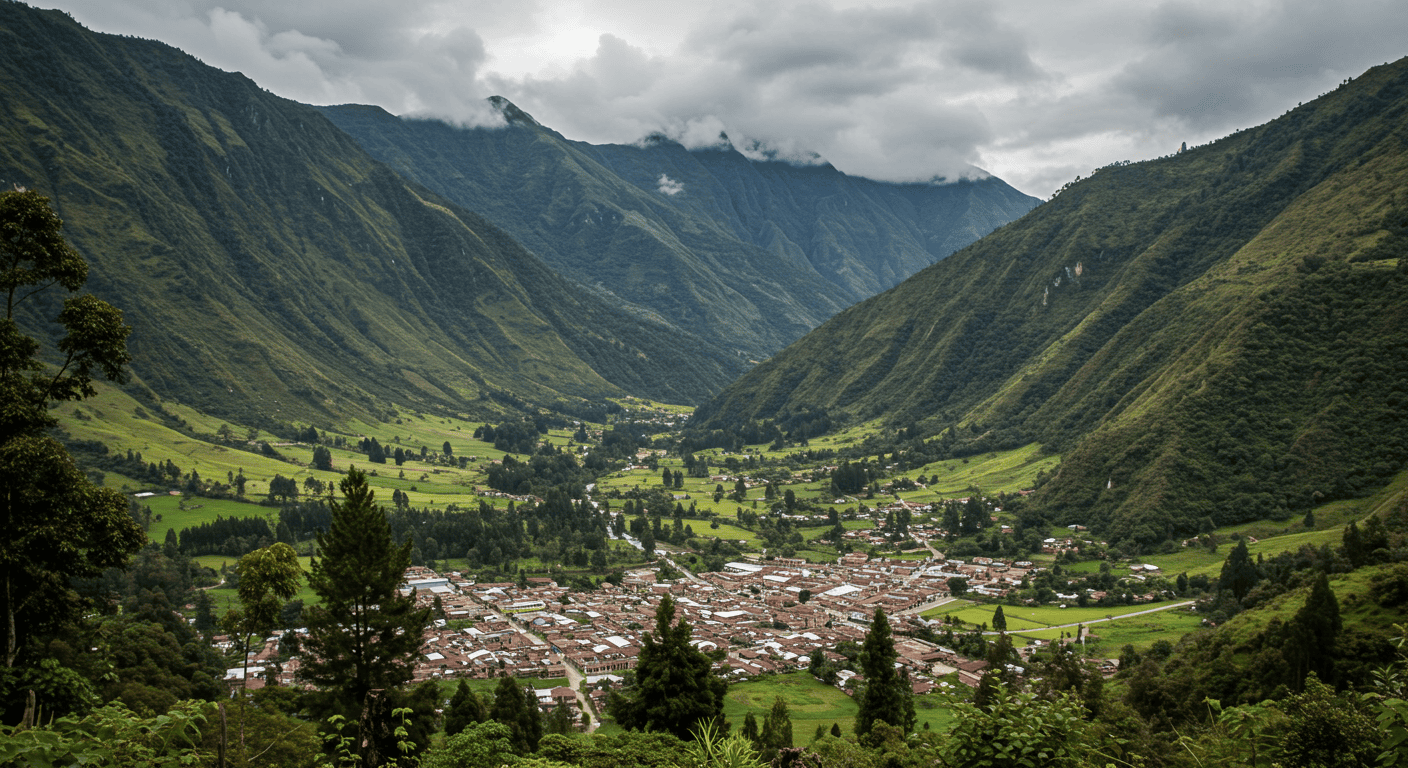 Scenic view of Vilcabamba valley in Ecuador with lush green mountains and a small town nestled below.