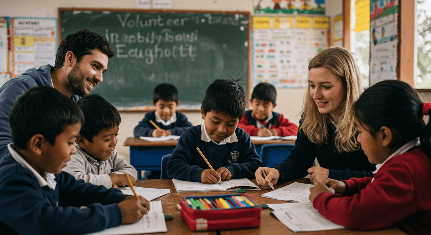 Expat volunteers working with children in a classroom in Ecuador
